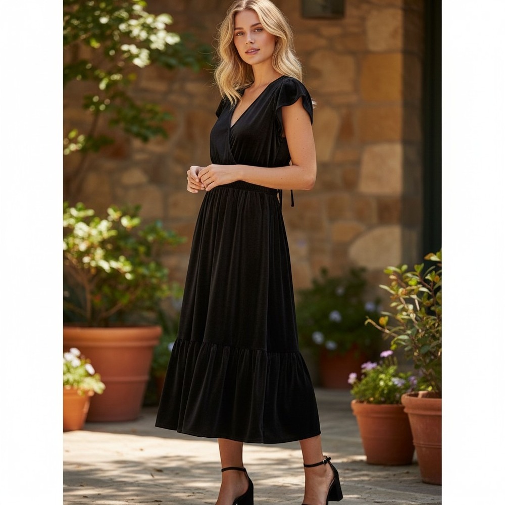 GAP Black Velvet Smocked Waist Maxi Dress V-Neck Flutter Sleeve XL Glam Luxury